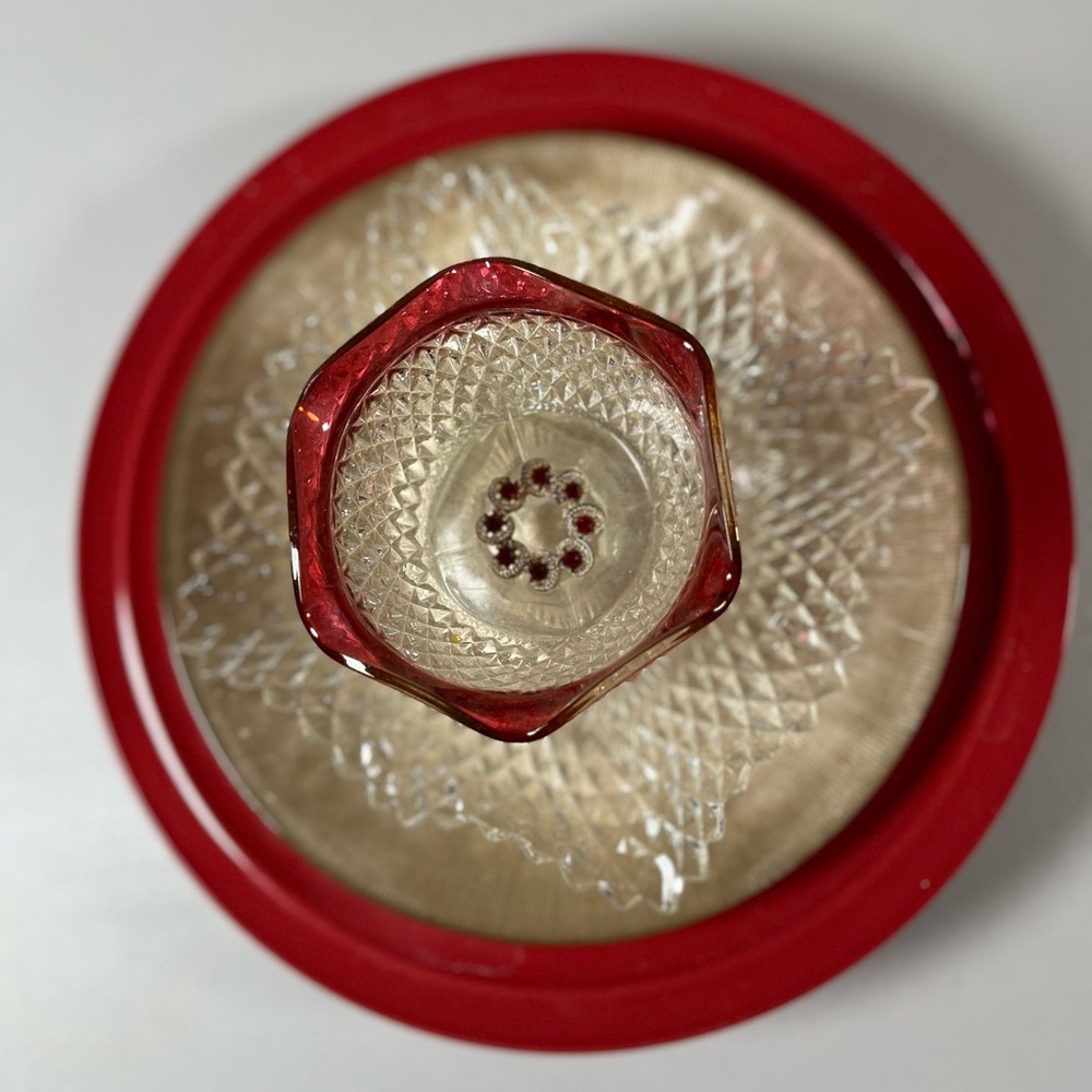 Glass Art Flower, 11 inches, red and Gold, Indiana Glass Diamond point glass